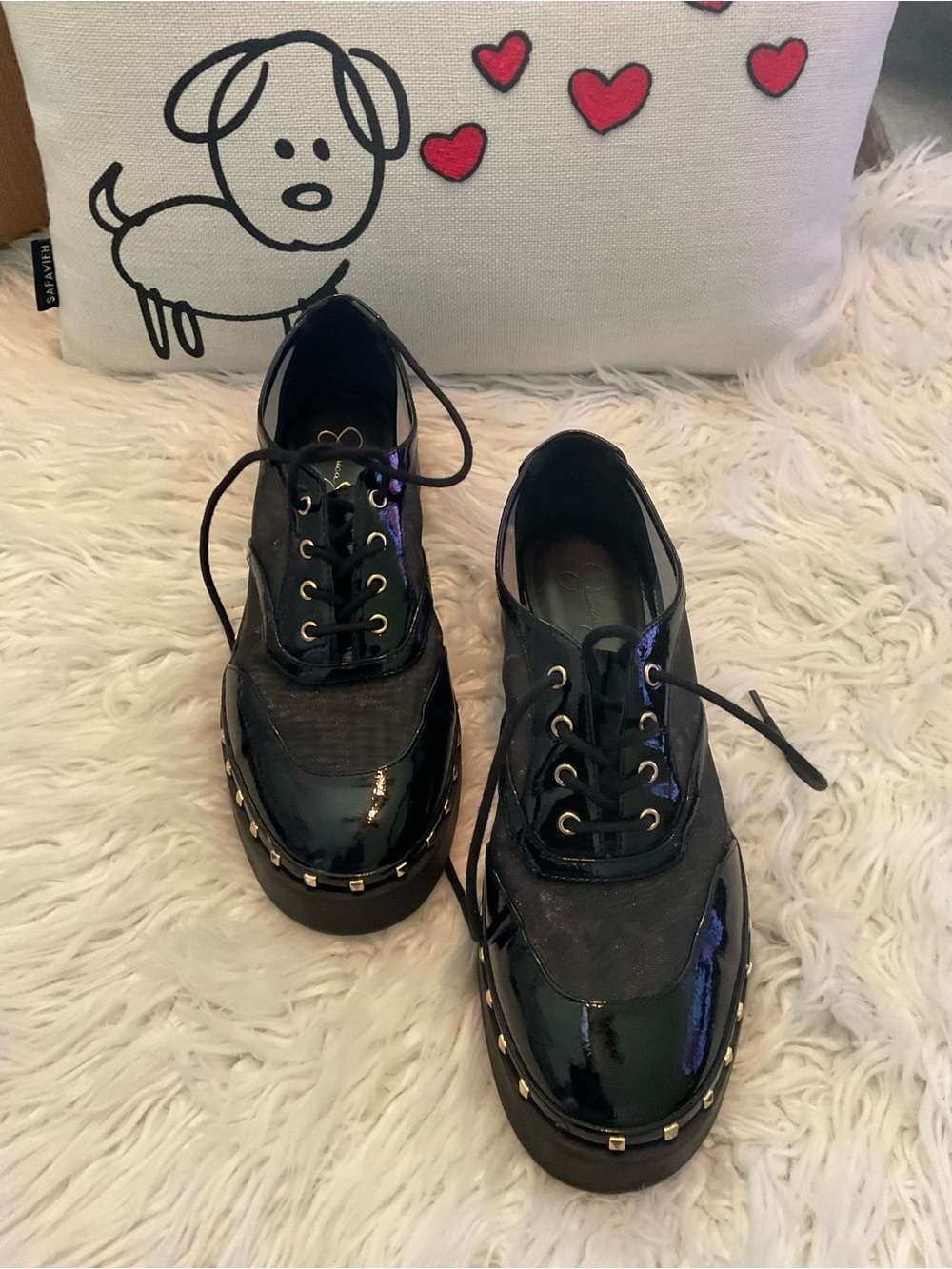 Jessica Simpson Black Patent Lace-Up Platform Boots with Gold Studs